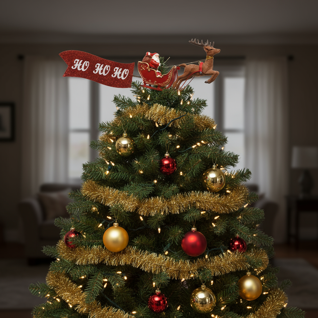 Star Christmas Tree Topper with Moving Santa and Reindeer