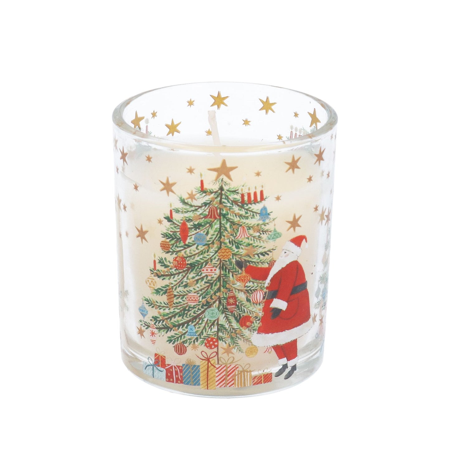 Decorative candle with Santa Claus and Christmas tree design on a white background