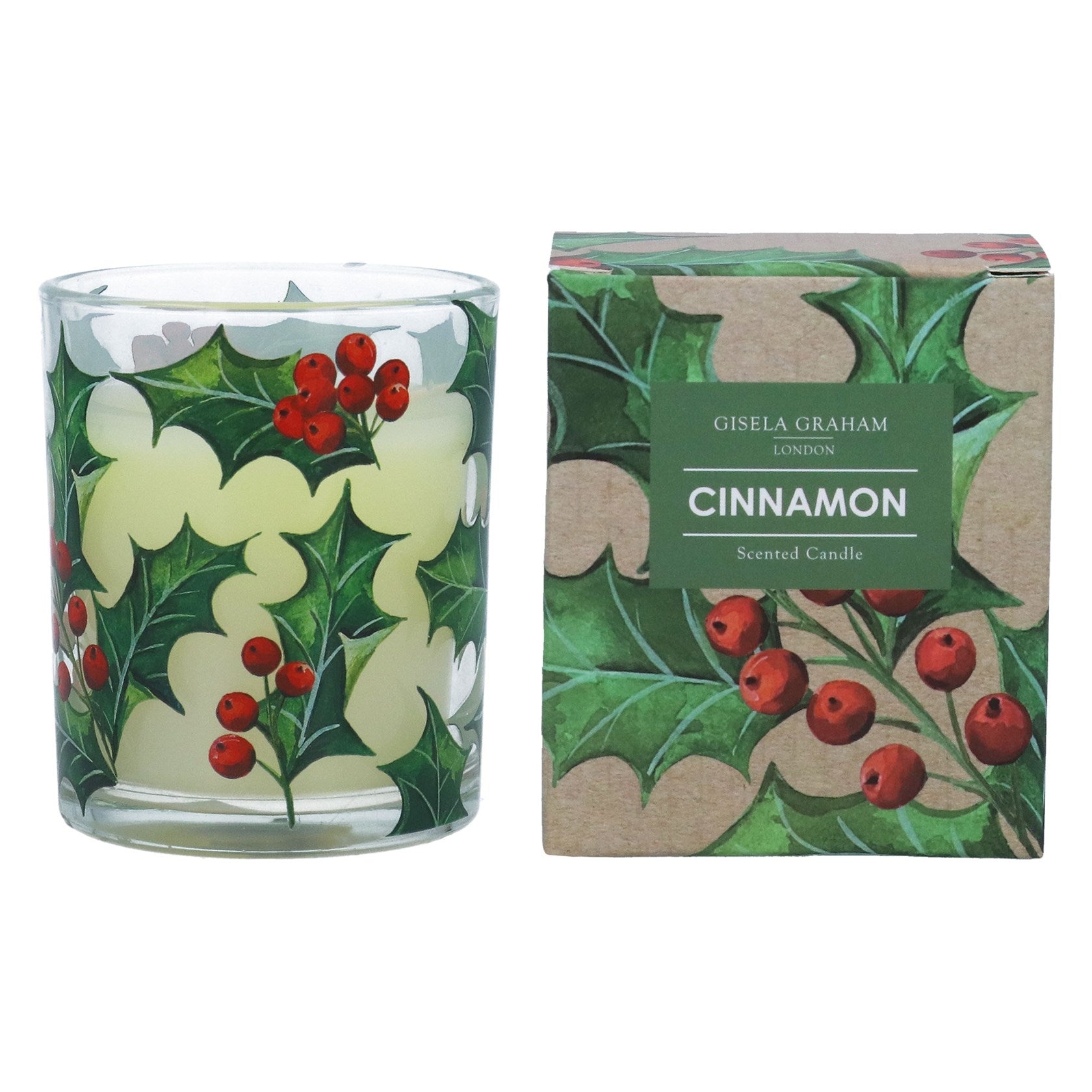Candle with holly design and matching packaging on a white background