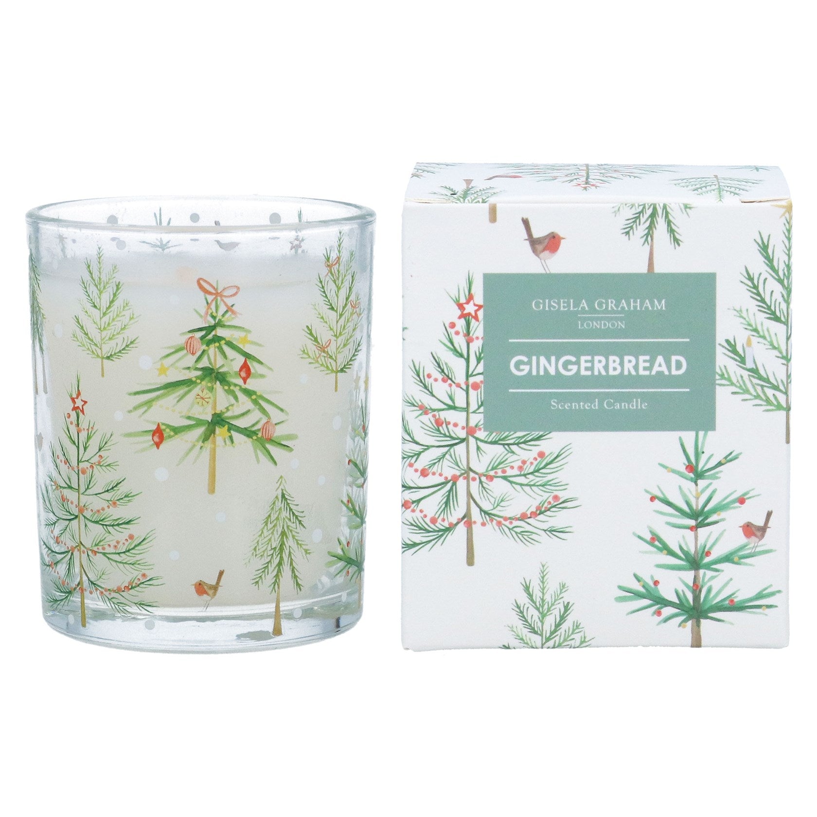 Gingerbread scented candle with decorative packaging featuring Christmas trees and birds.