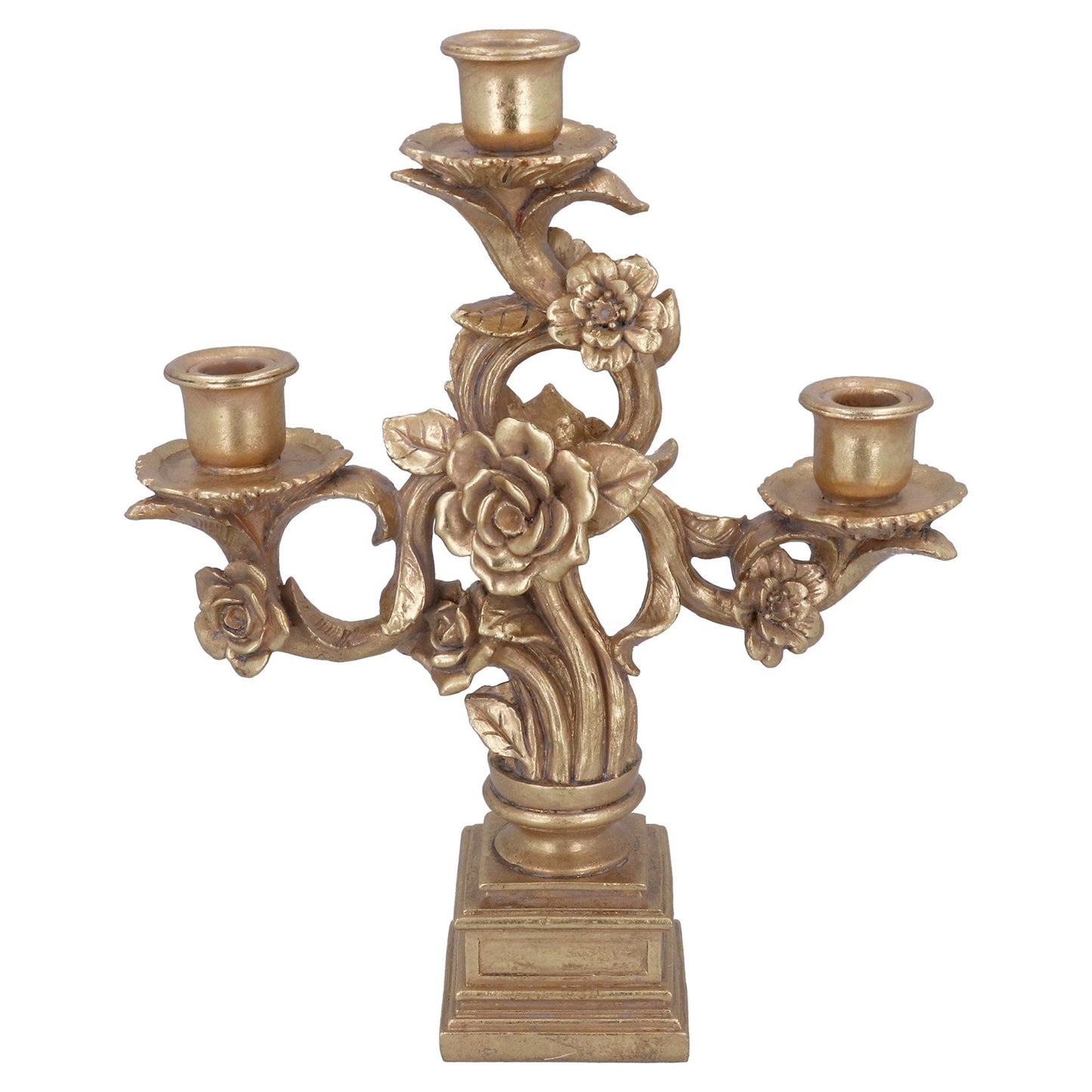 Decorative gold candelabra with floral designs on a white background