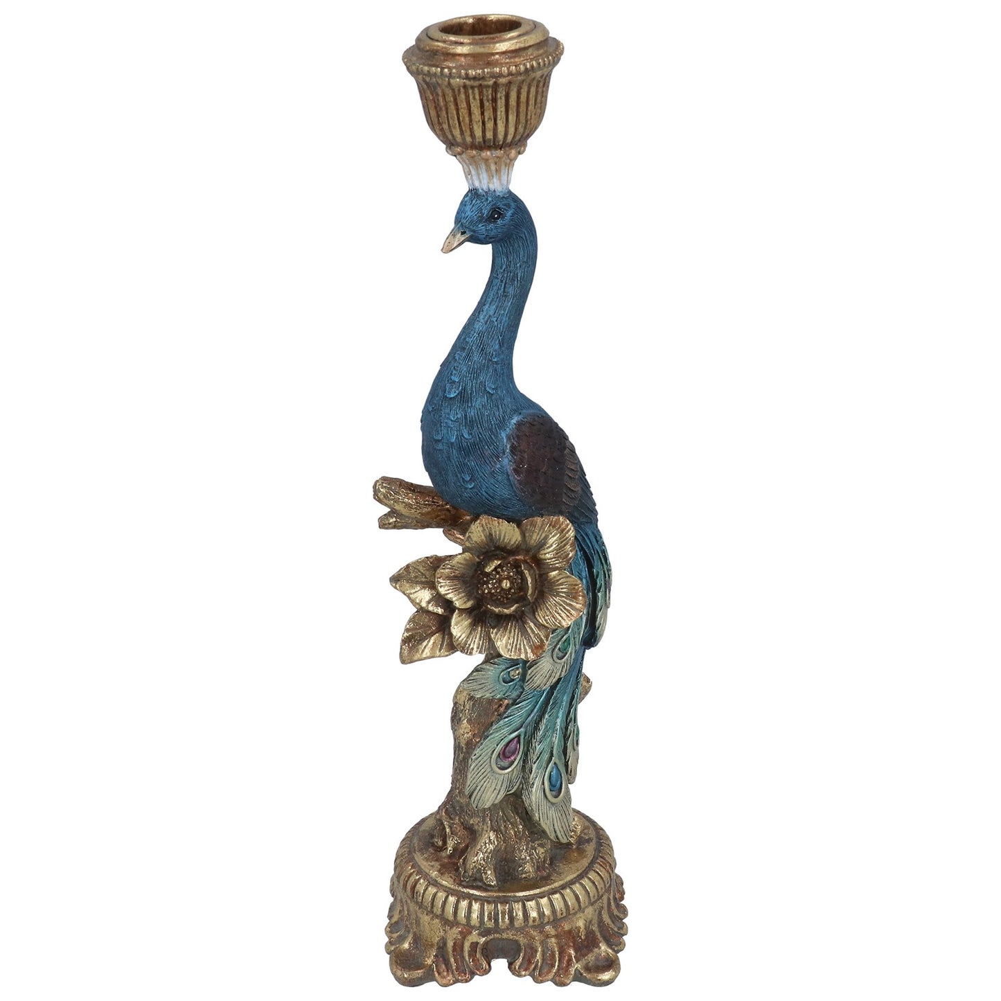 Decorative peacock candle holder on a white background