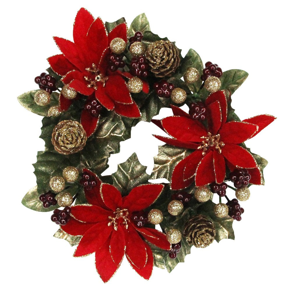 A round red poinsettia-themed candle ring with green leaves and gold accents.
