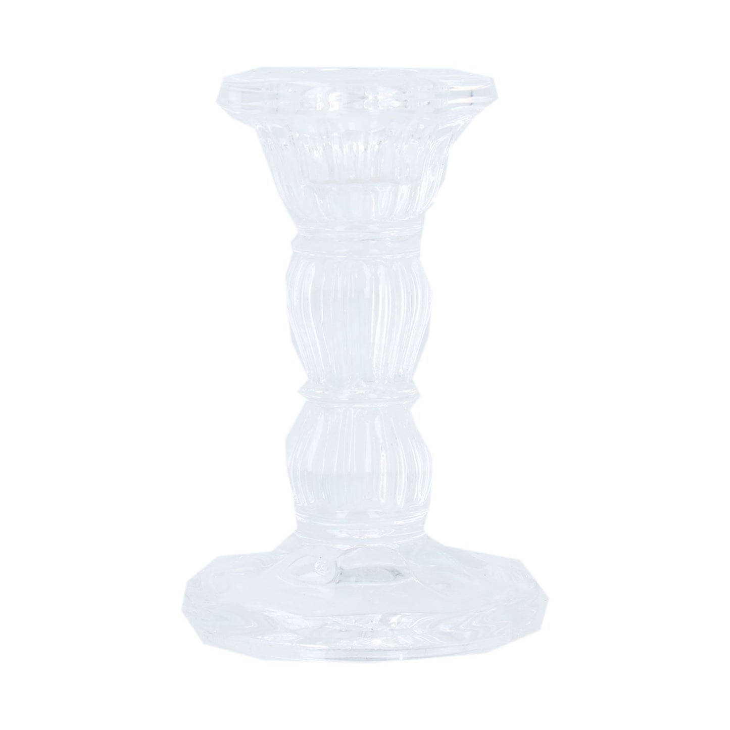 A clear glass candlestick holder with a vintage design, featuring a series of vertical ridges and a flared base.