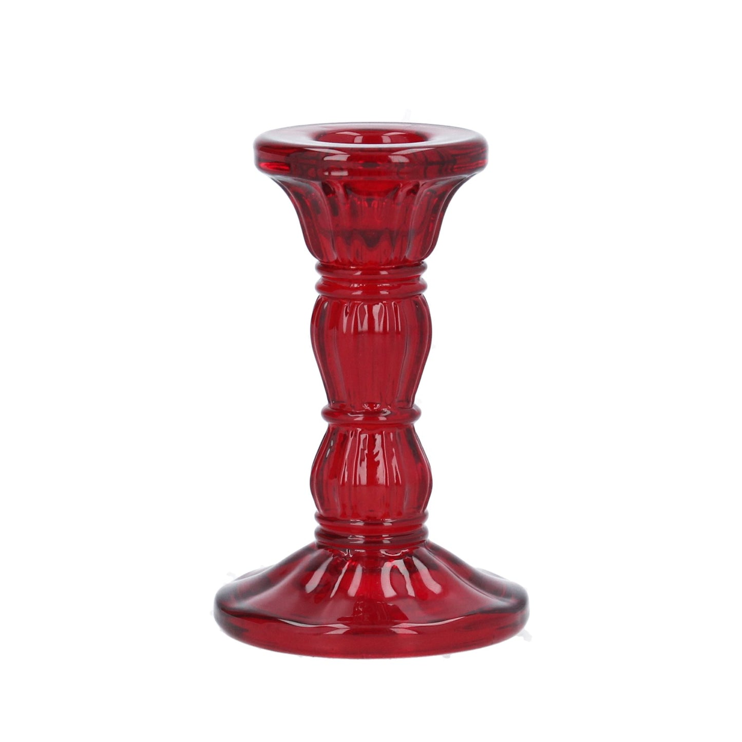 A red glass Christmas candlestick with a narrow base and a rounded top, standing against a white background.