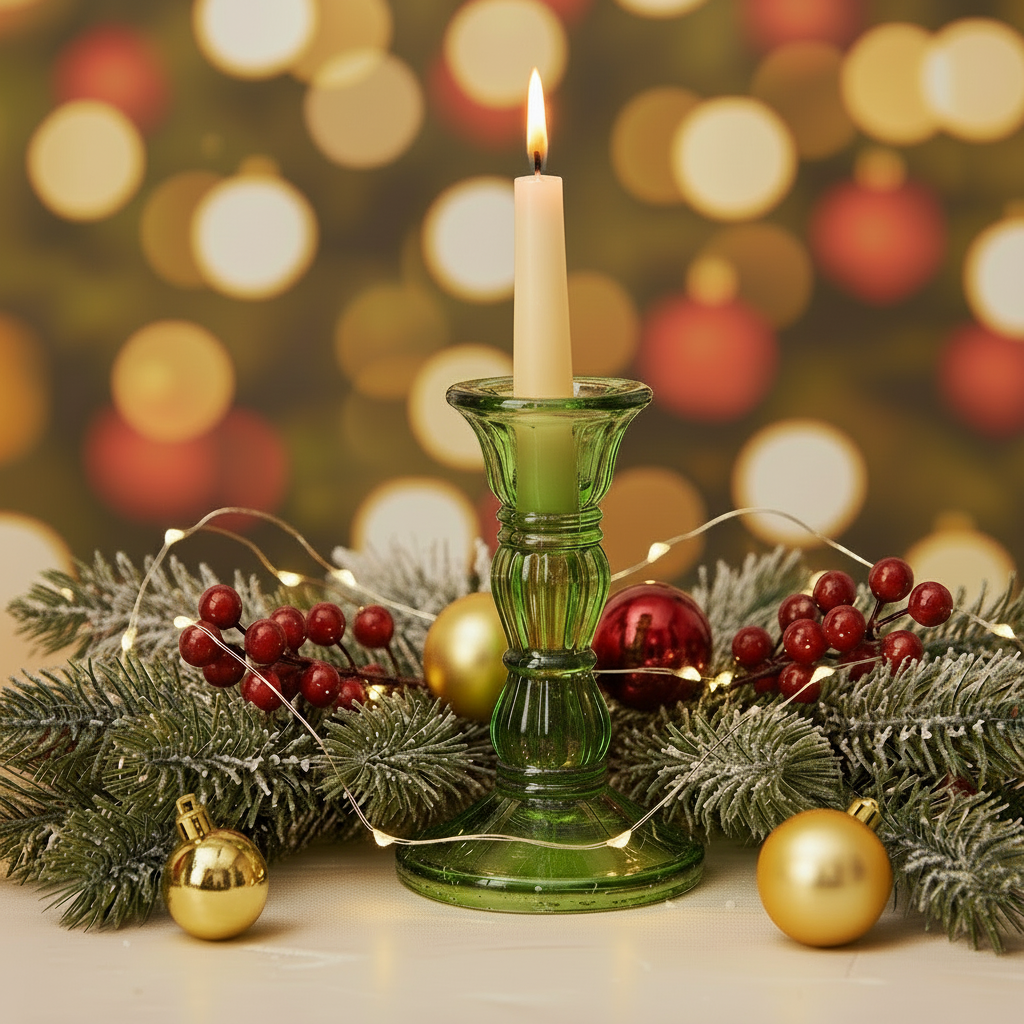 Green glass candlestick with festive decorations on a blurred bokeh background