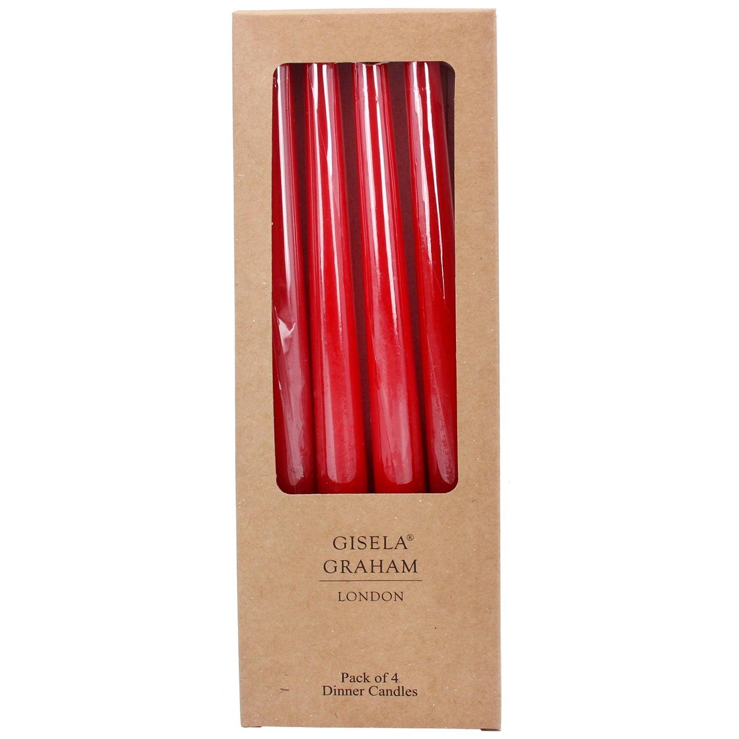 Red dinner candles in a Gisela Graham London box on a white background