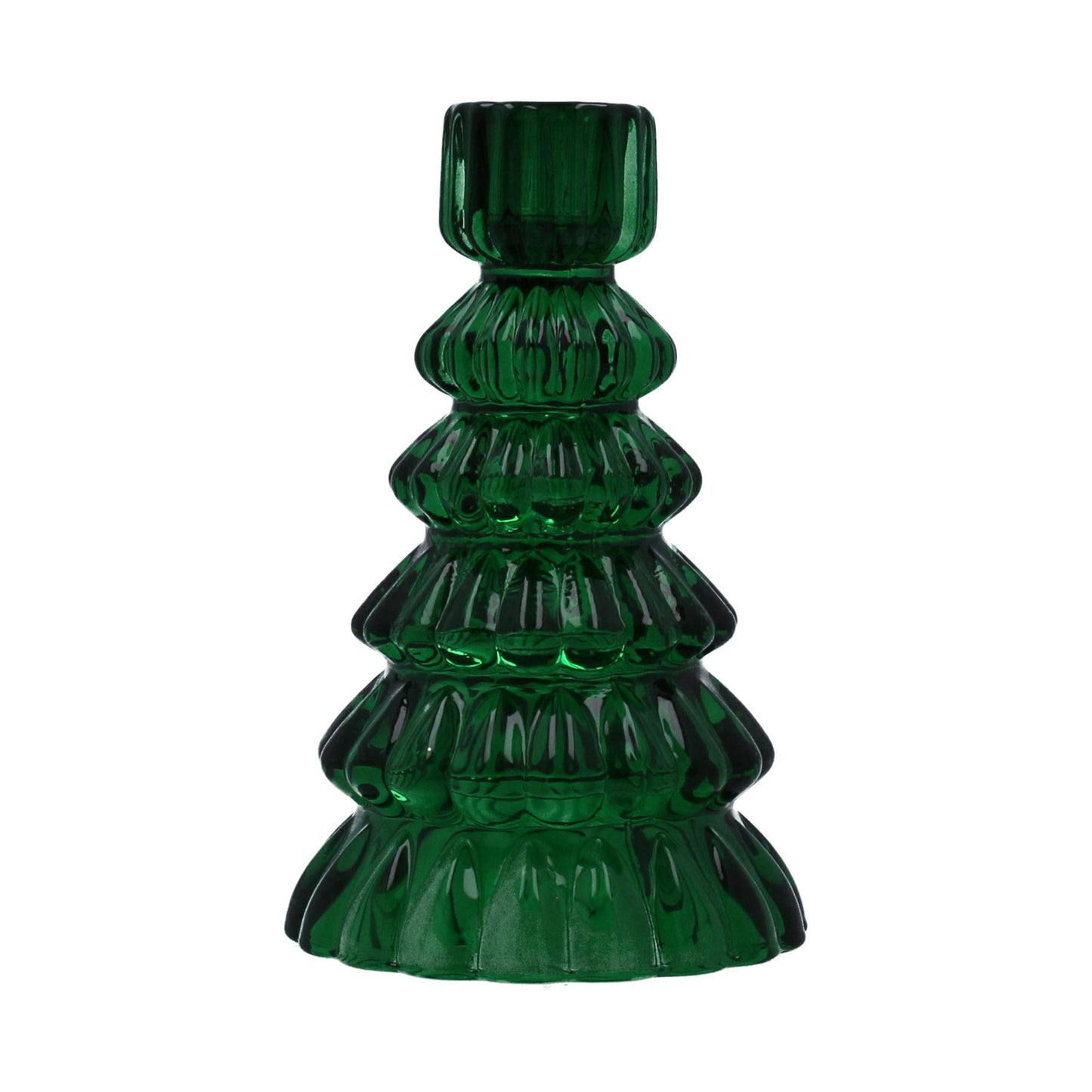 A green glass Christmas tree shaped candle holder.