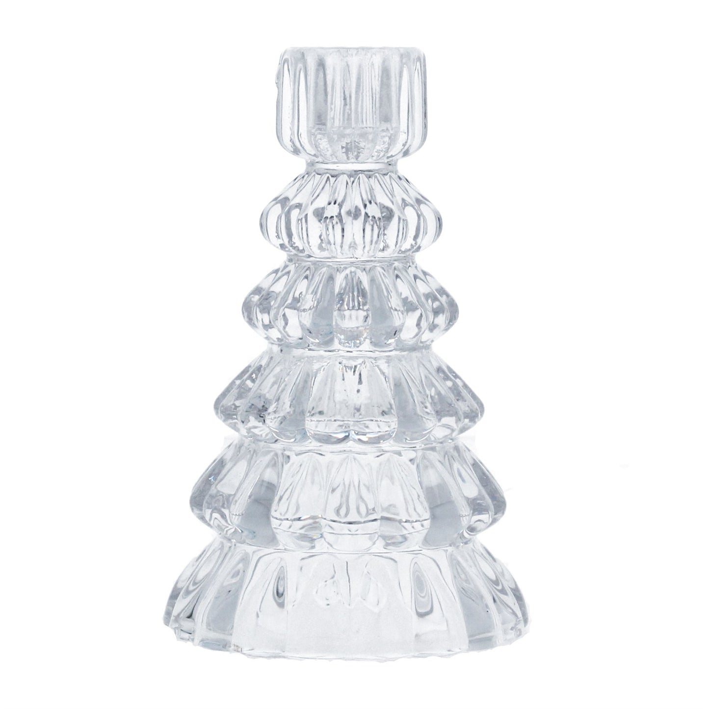 A clear glass candle holder in the shape of a Christmas tree, with a rounded top and tapered branches.