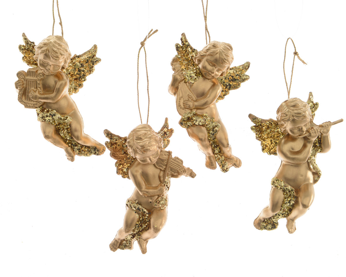 Set of 4 Gold Cherub Hanging Christmas Decorations