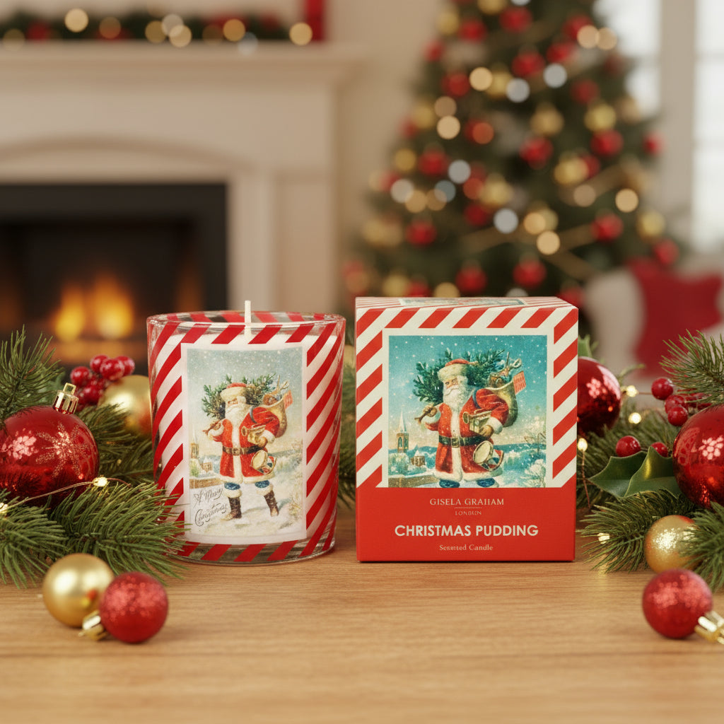 A Christmas-themed candle with a Santa design, striped red and white packaging, and a Christmas pudding scent.