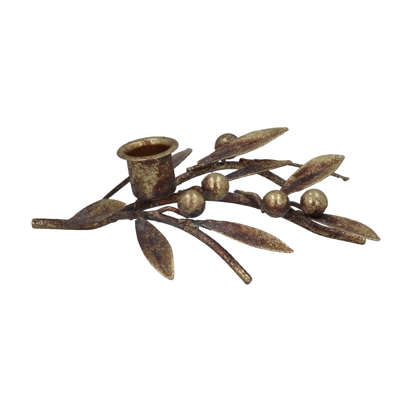 An antique gold mistletoe sprig and berries Christmas candle holder with a luxurious patina finish.