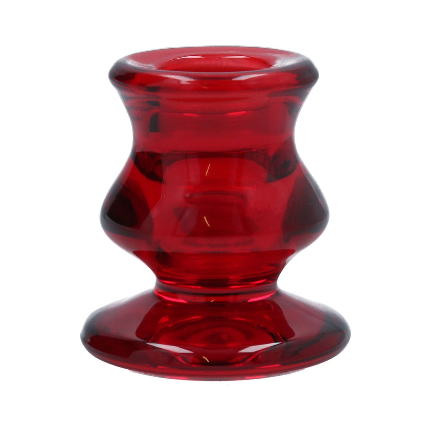 A red glass Christmas candlestick with a conical shape and a rounded base.