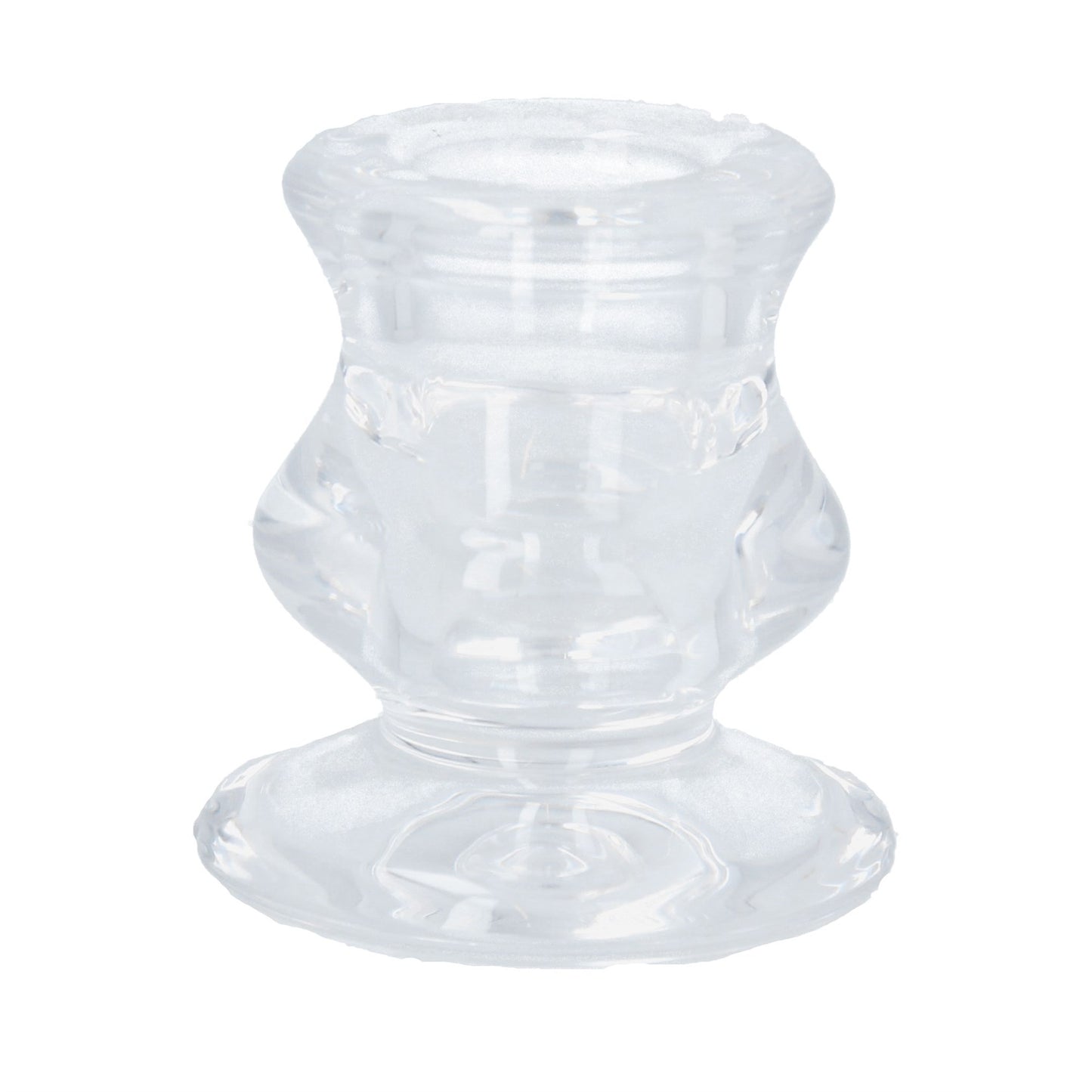 A clear glass candlestick holder with a conical base and a flared design, suitable for holding a Christmas candle.