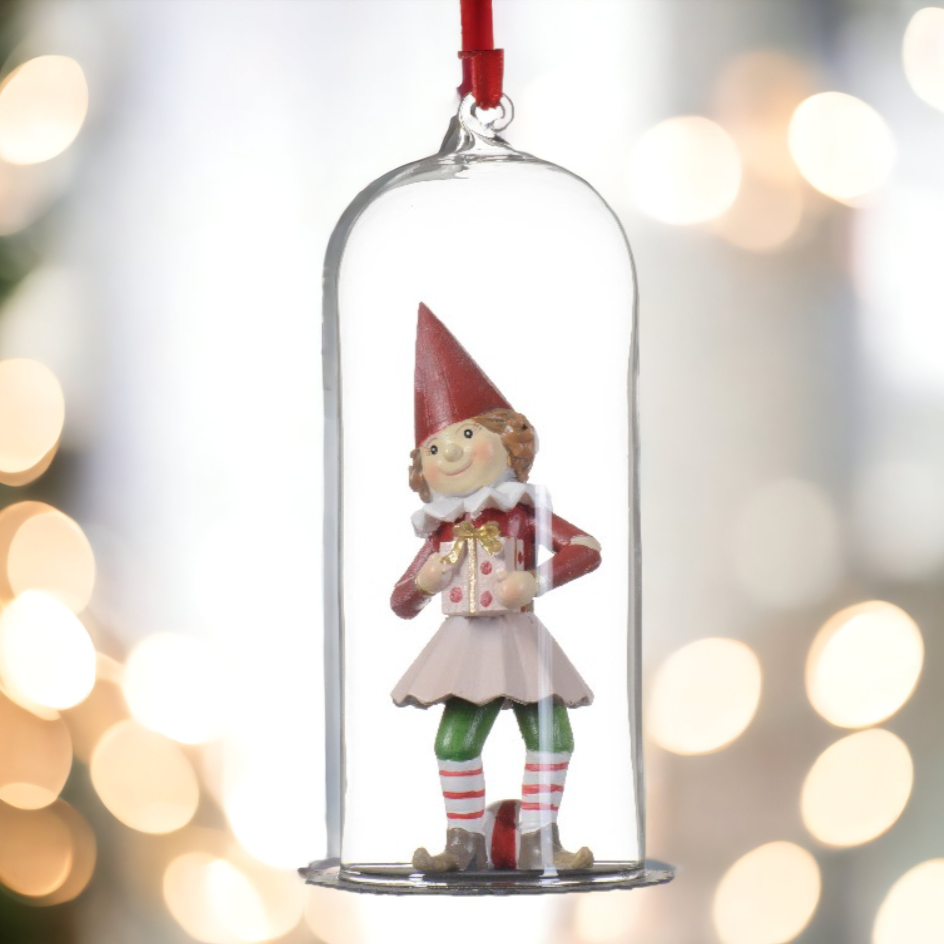 Hanging Glass Cloche with Doll Christmas Decoration