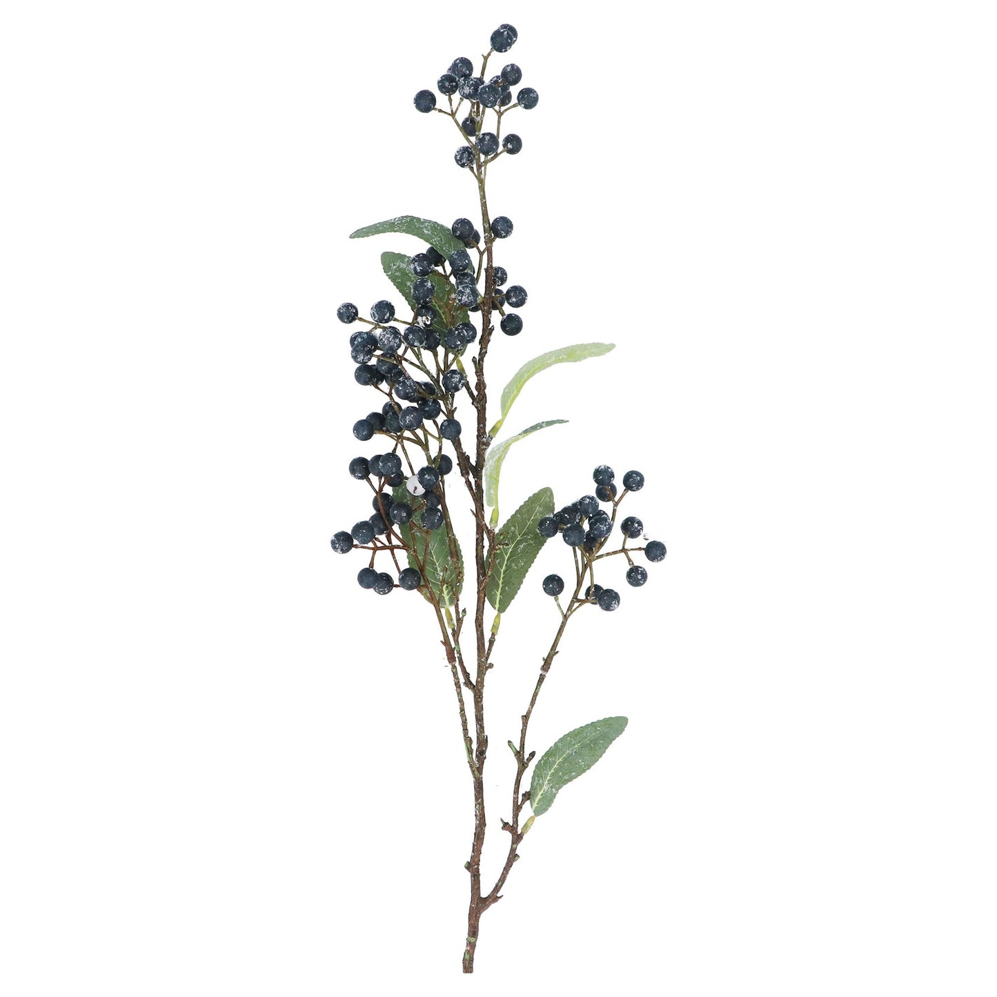 Artificial plant branch with blue berries and green leaves on a white background