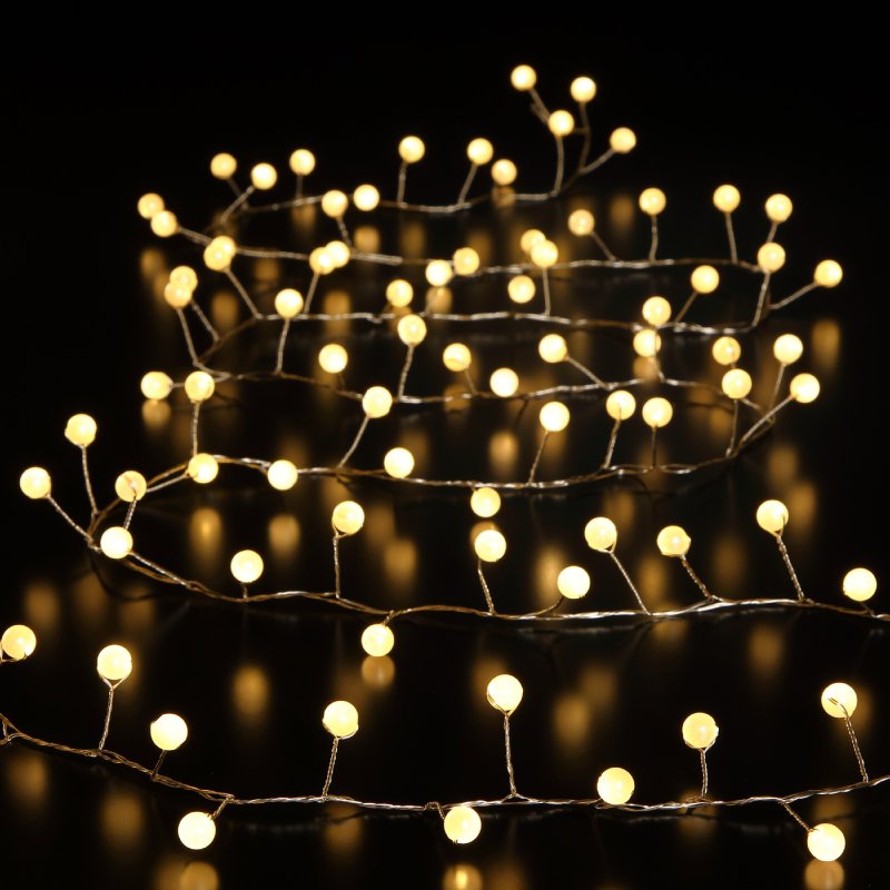 A string of pearl snowberry cluster wire lights with warm white LEDs, arranged in a cluster pattern on a dark background.