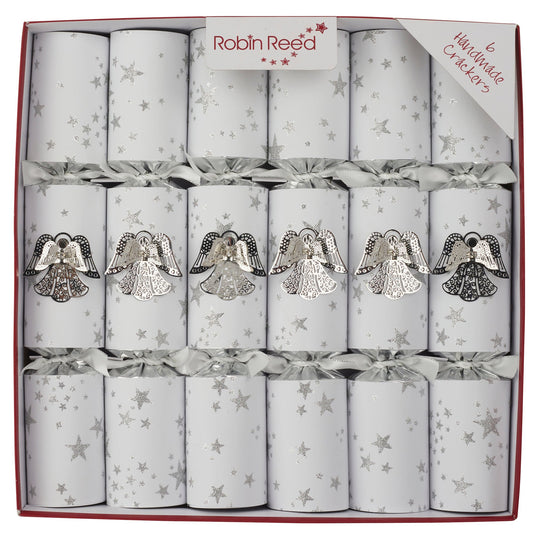 A box of Robin Reed Silver Jewel Angel Christmas Crackers, with each cracker featuring a silver angel design and adorned with stars.