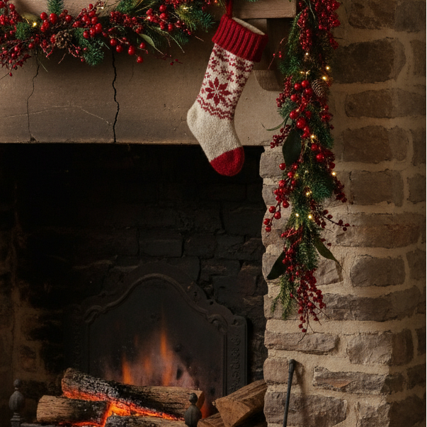 A garland with green foliage, red berries, and pinecones.