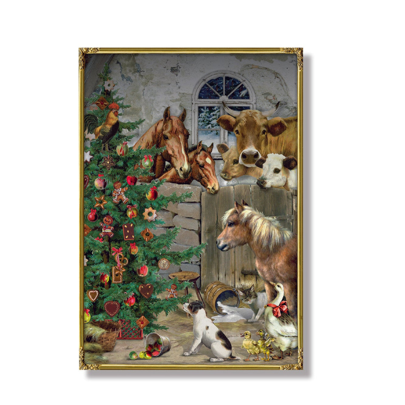 Christmas-themed prints featuring festive scenes with trees, houses, and animals.