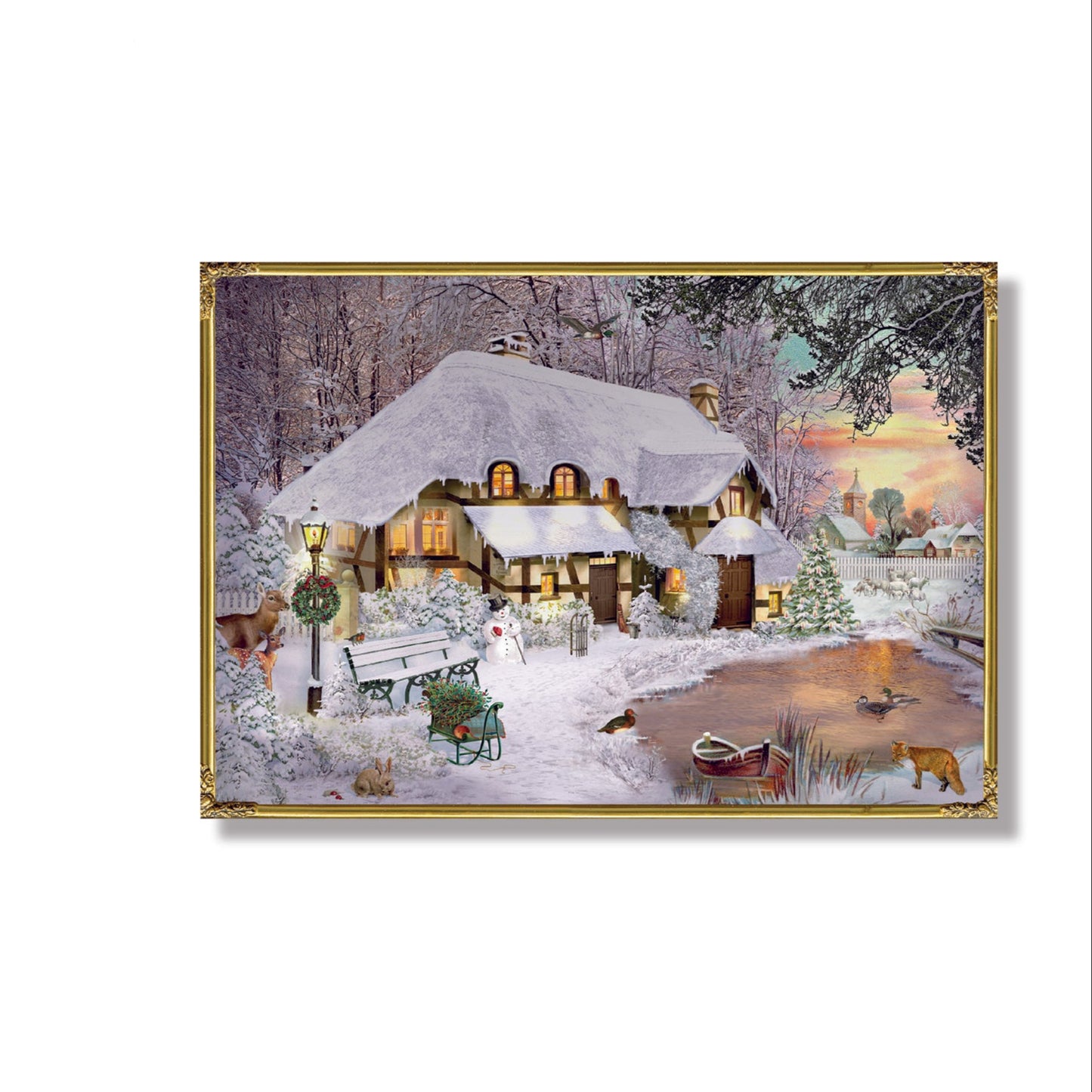 Christmas-themed prints featuring festive scenes with trees, houses, and animals.