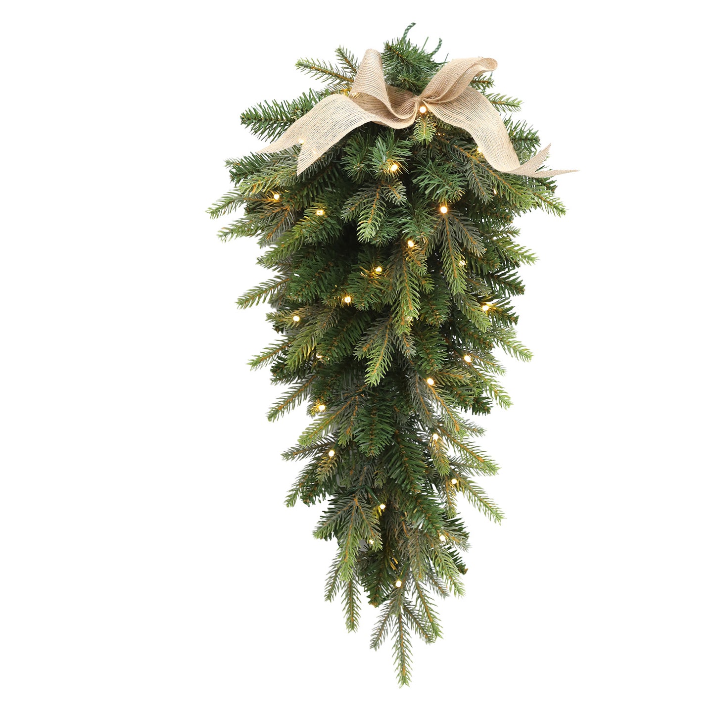 Decorative Christmas swag with lights and a bow on a white background