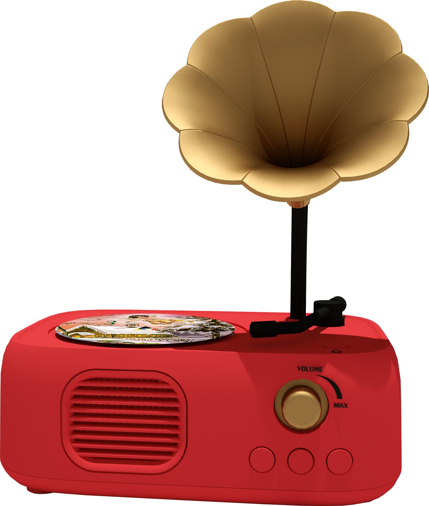 Red and gold vintage-style radio with a vinyl record on a white background