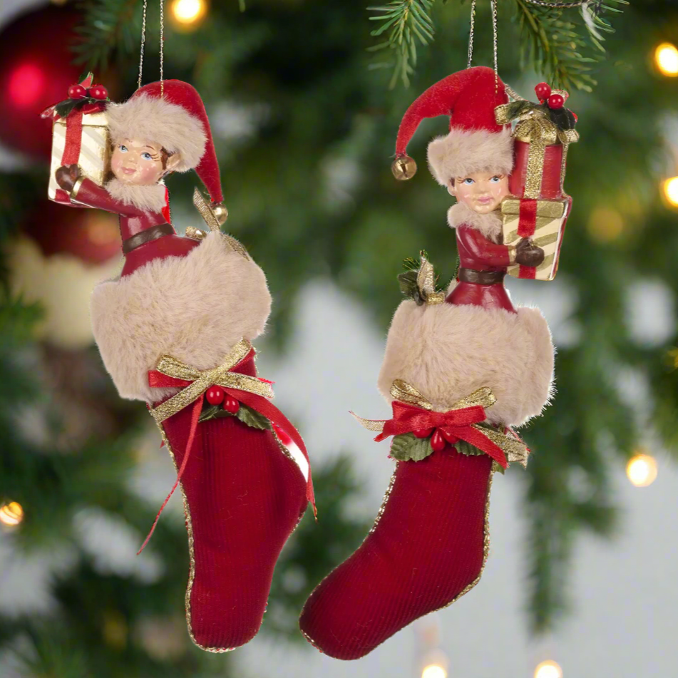 Christmas Elf in Stocking Hanging Decoration