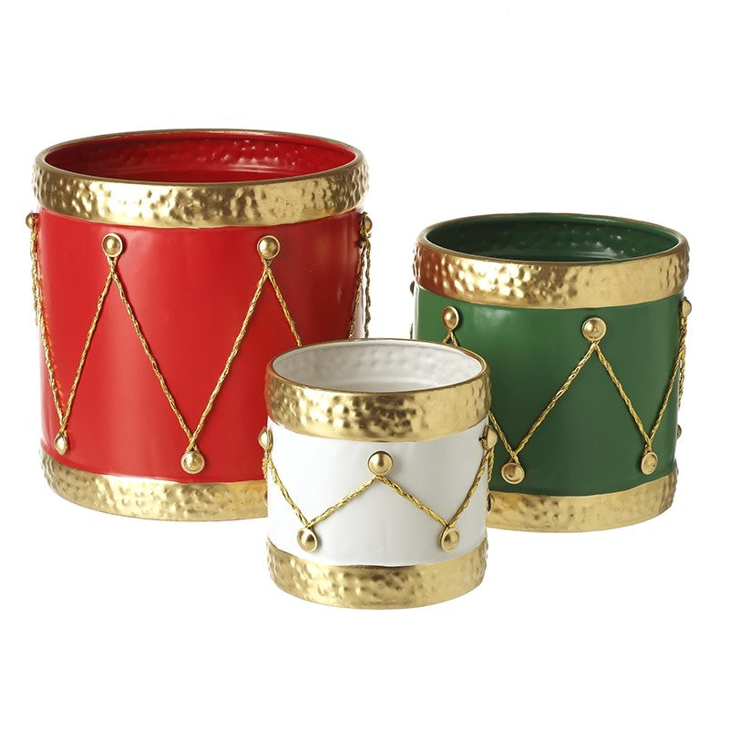 Set of 3 Christmas Drum Design Metal Containers
