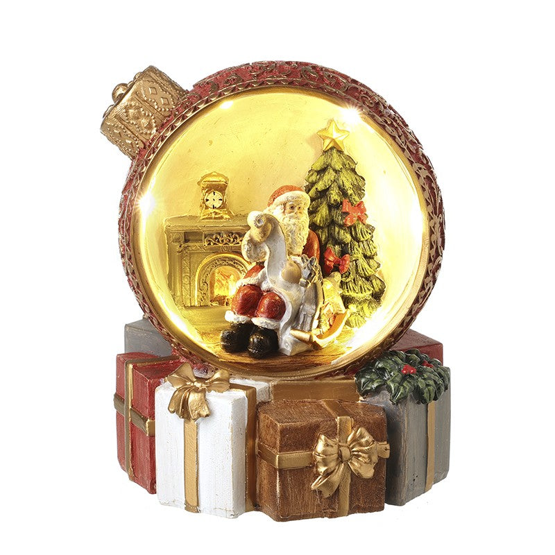 A resin LED Christmas ornament featuring Santa Claus inside a golden bauble, with a Christmas tree and presents in the background.