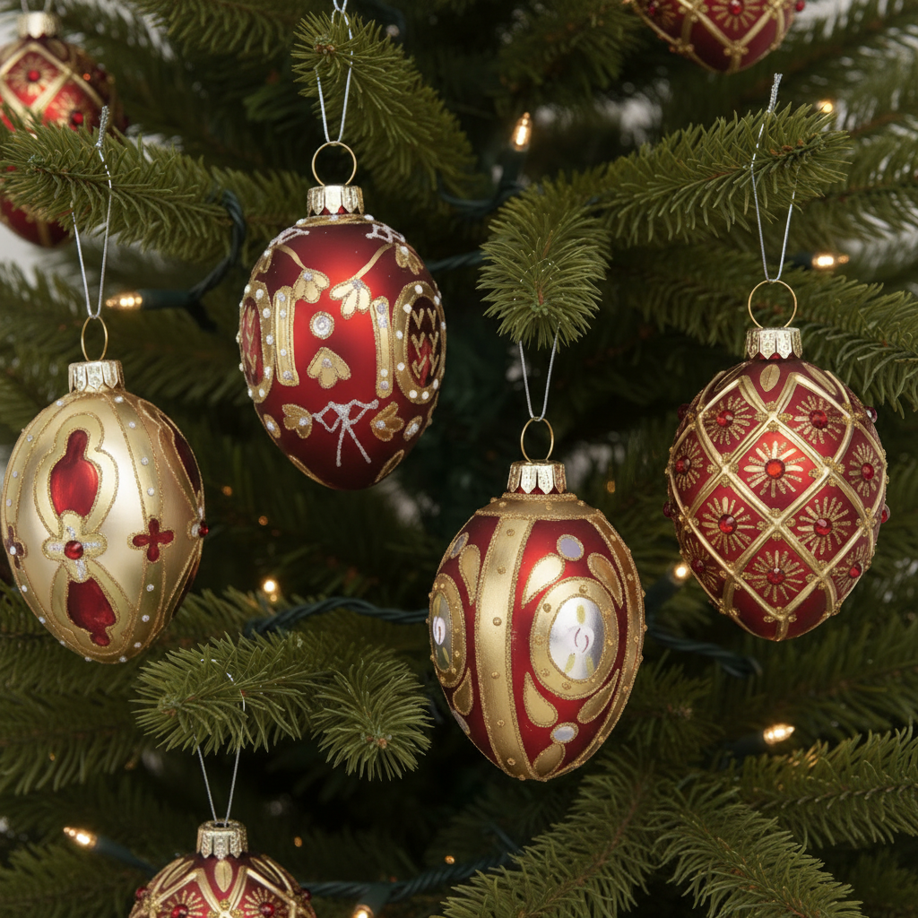 Decorative red and gold Christmas ornaments on a tree