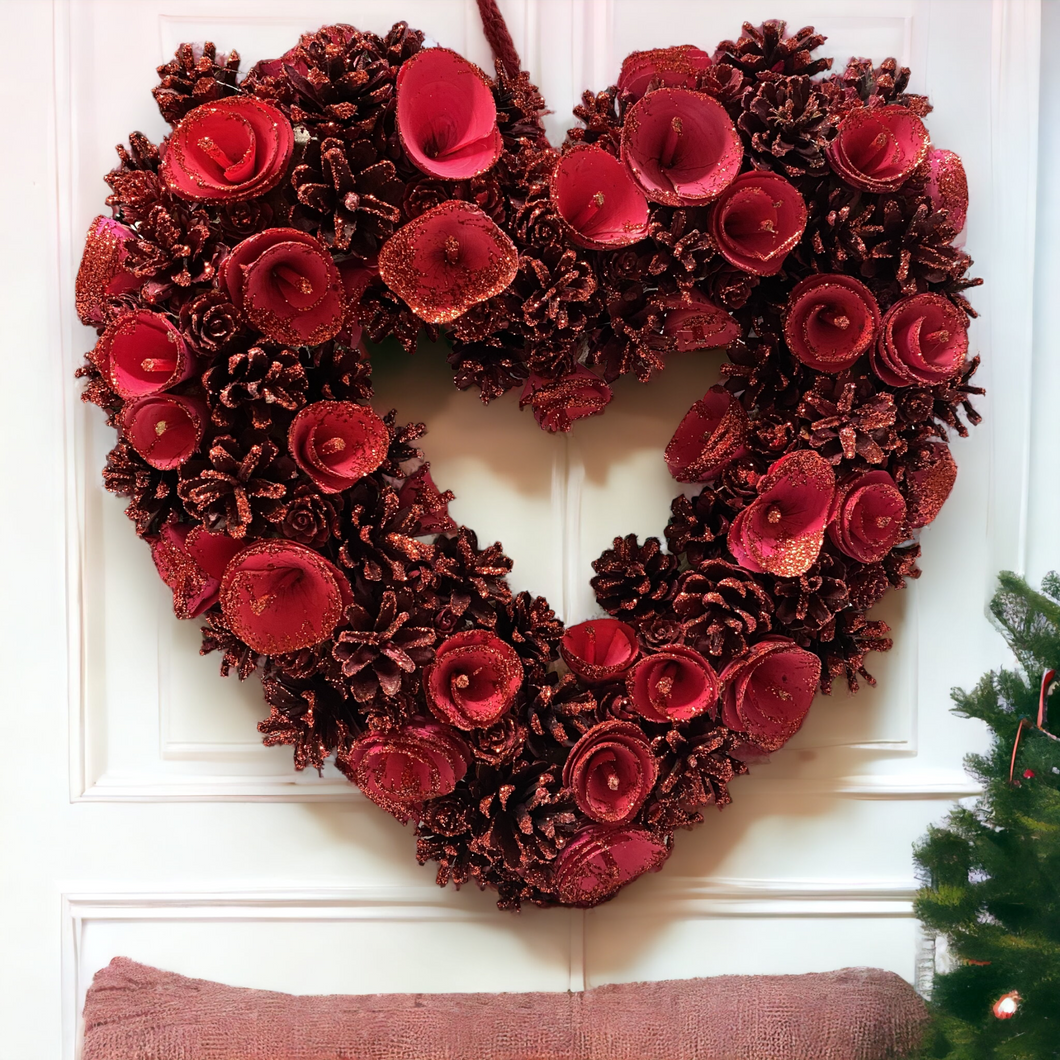 Red Christmas Pinecone Heart Wreath