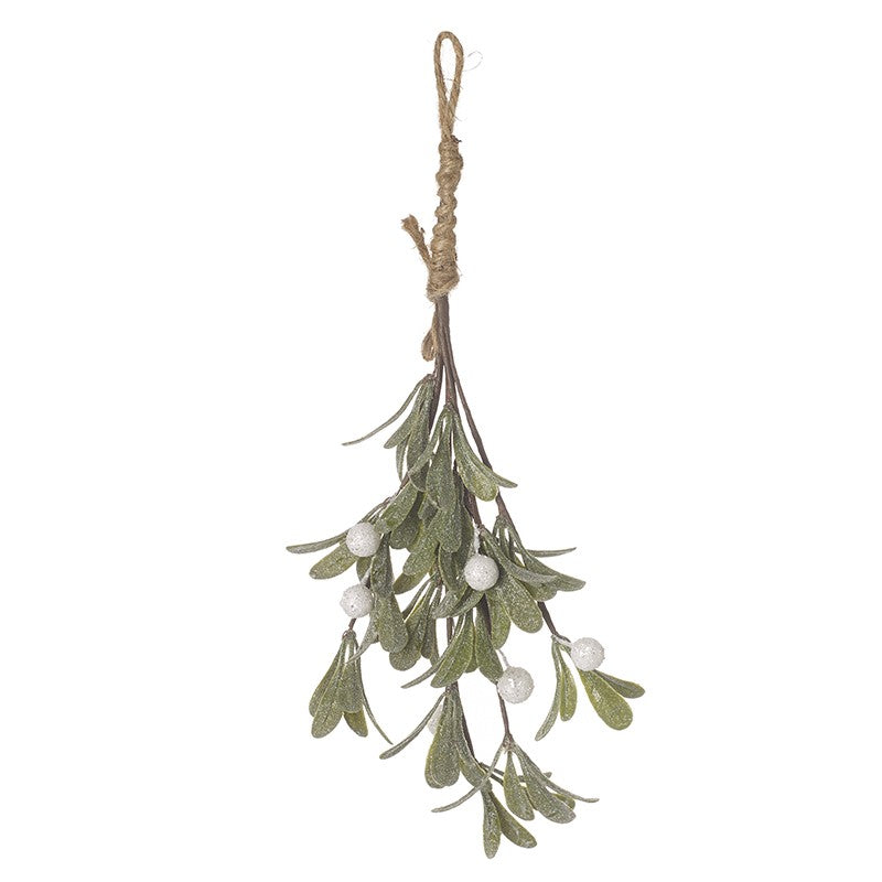 A hanging bunch of artificial mistletoe with green leaves and white berries, with a rope hanger.