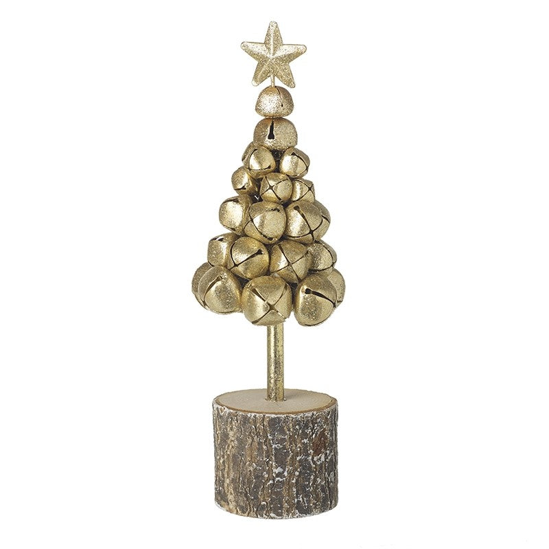 Gold Metal Christmas Bells Tree on Wooden Log