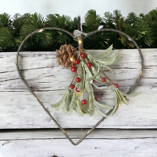 Christmas 25cm Heart with Mistletoe and Red Berries LED Lit