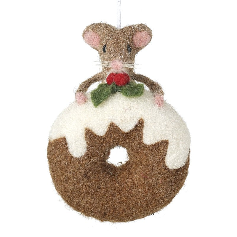 Hanging Felt Mouse with Doughnut Christmas Ornament