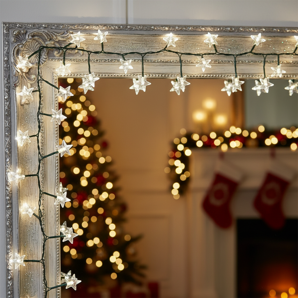 A string of white star-shaped LED Christmas lights placed on a surface with a blurred Christmas tree and decorations in the background.