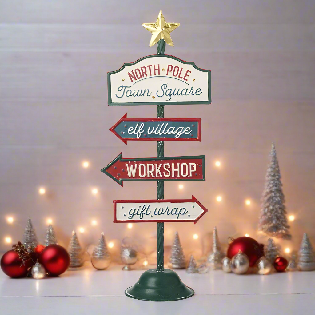 Decorative Christmas sign with arrows pointing to 'North Pole', 'Town Square', 'Elf Village', 'Workshop', and 'Gift Wrap' against a festive background.