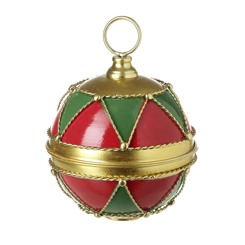 A decorative spherical bauble with a red, green, and gold pattern, featuring a gold metal frame and a loop on top for hanging.