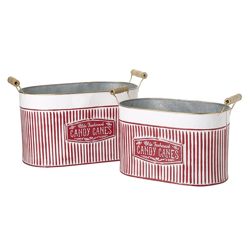 Set of 2 Christmas Candy Cane Metal Display Buckets