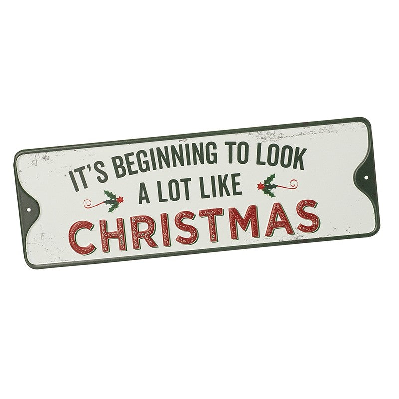 A festive 'It's Beginning to Look a Lot Like Christmas' sign with red, green, and white colors and Christmas-themed decorations.