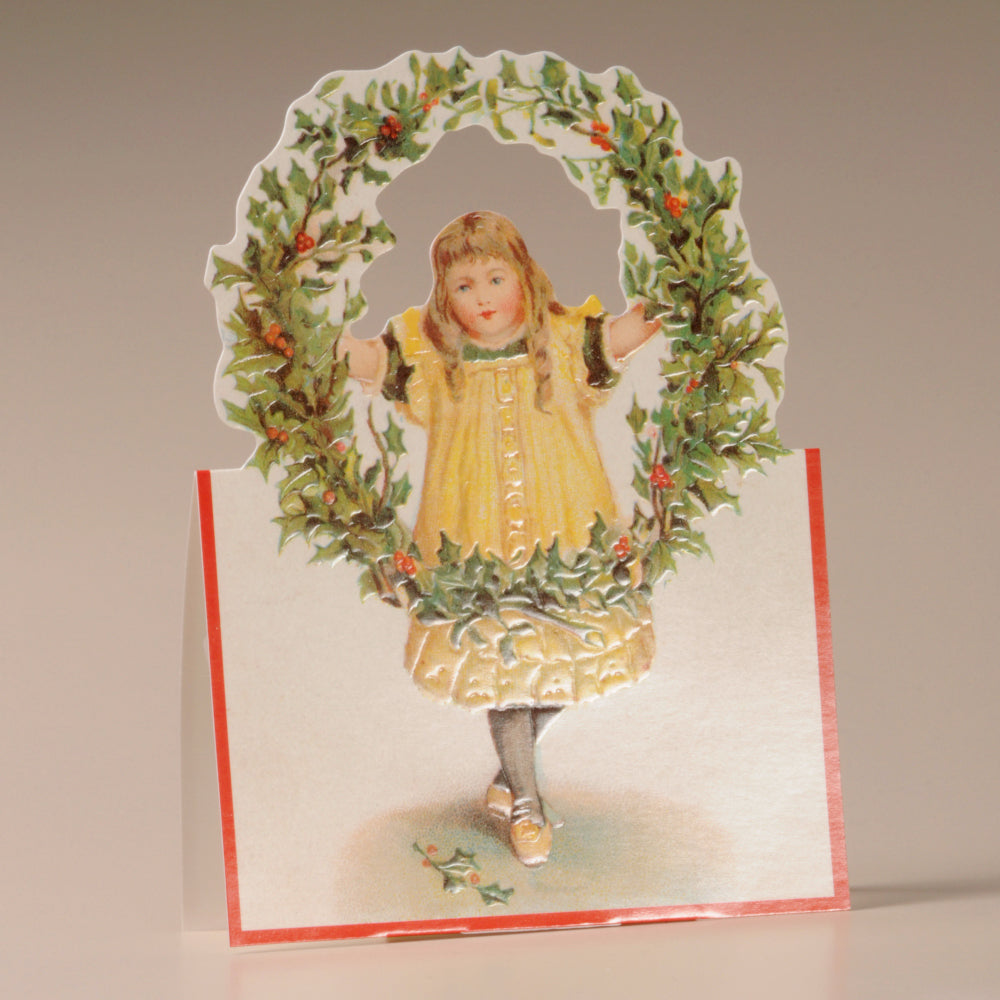 Girl and Holly Wreath Nostalgic Christmas Card