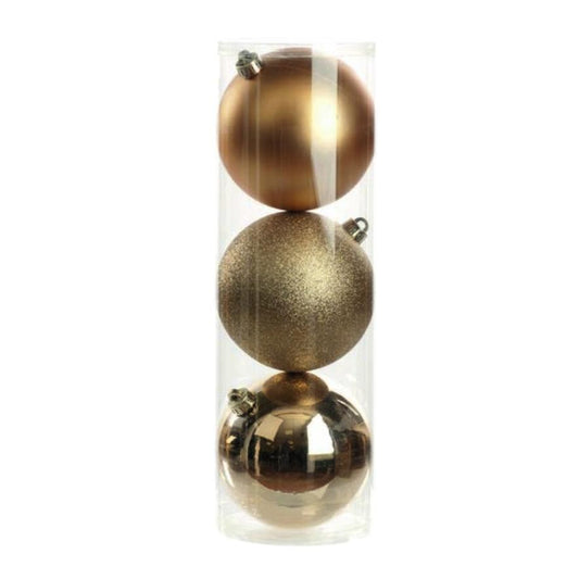 A set of three champagne gold Christmas baubles with different finishes, including shiny, matte, and glitter, displayed in a clear packaging.