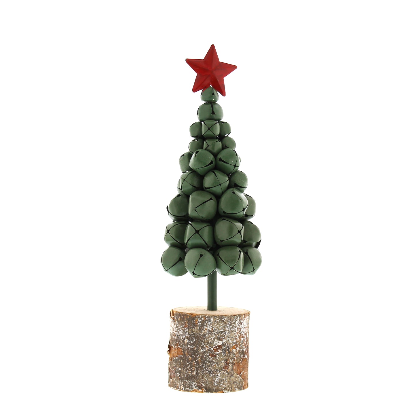 Green Metal Christmas Bells Tree on Wooden Log