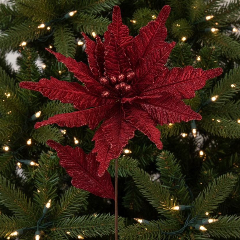 Burgundy Velvet Christmas Poinsettia Stem 68cm