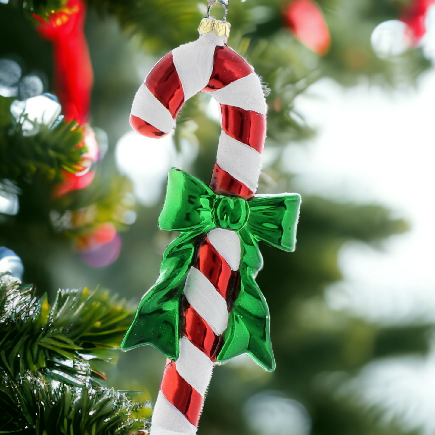 A red and white candy cane with a green bow hanging from a Christmas tree with green leaves in the background.