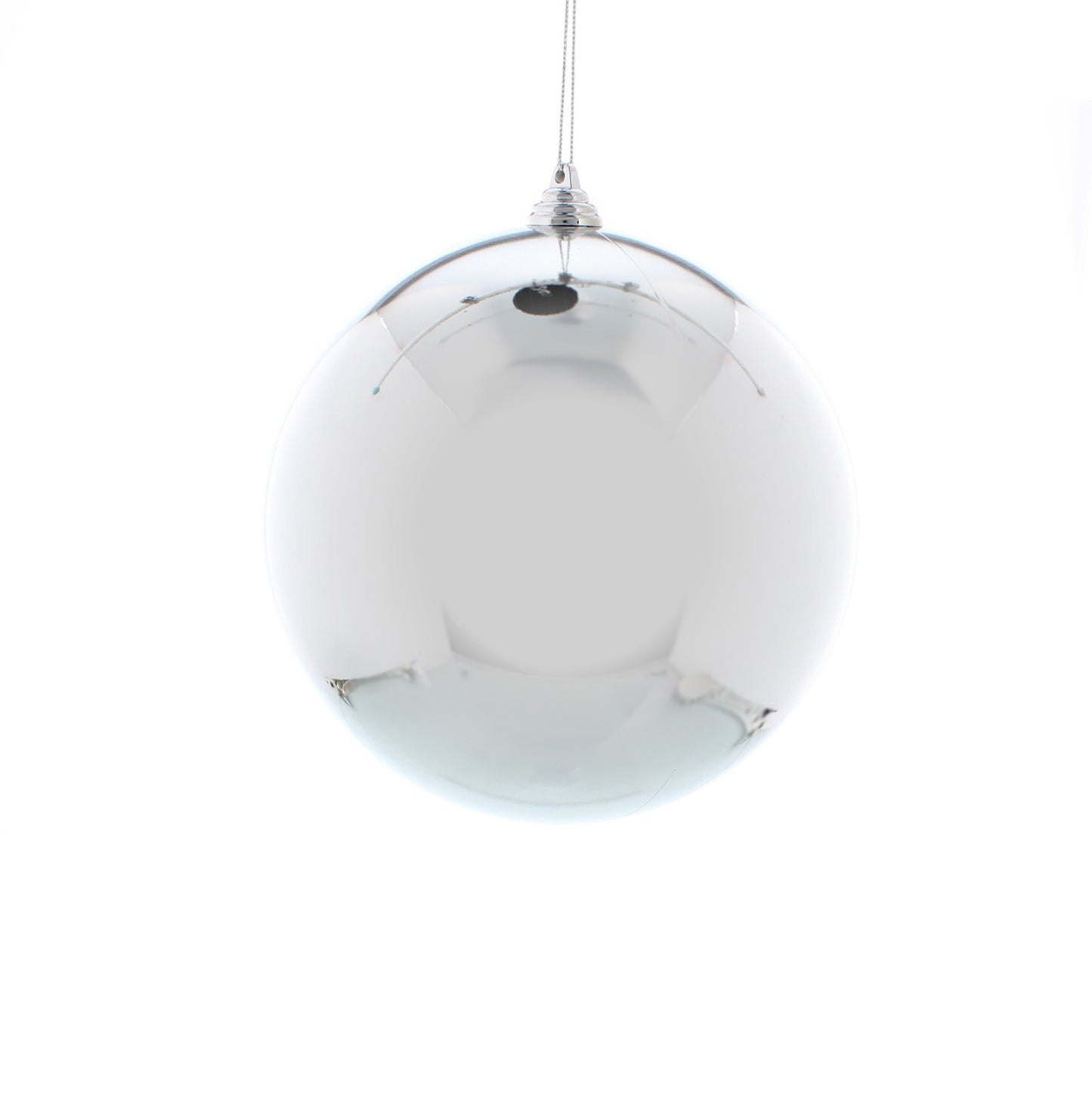 A single shiny silver shatterproof bauble hanging against a white background.