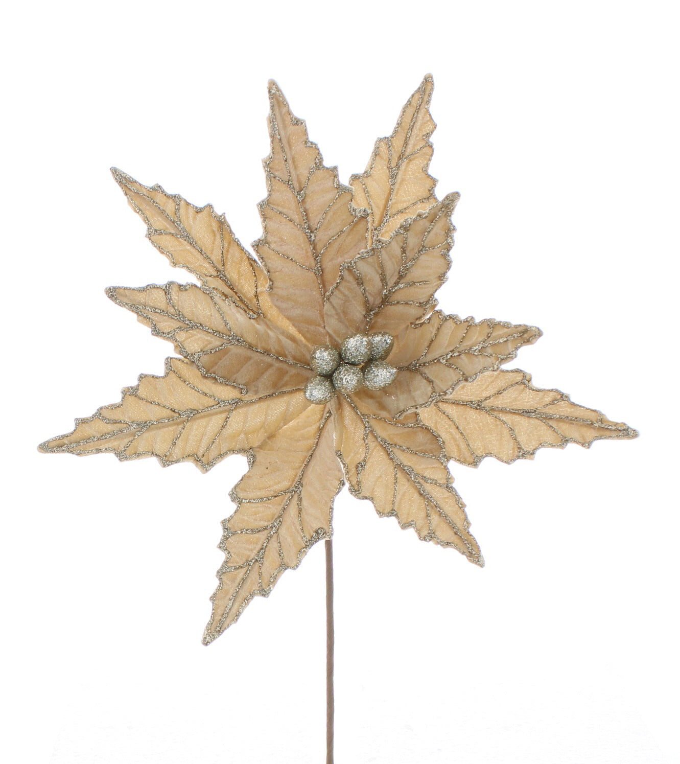 An artificial champagne gold velvet poinsettia with a glitter stem, mounted on a stemmed base.