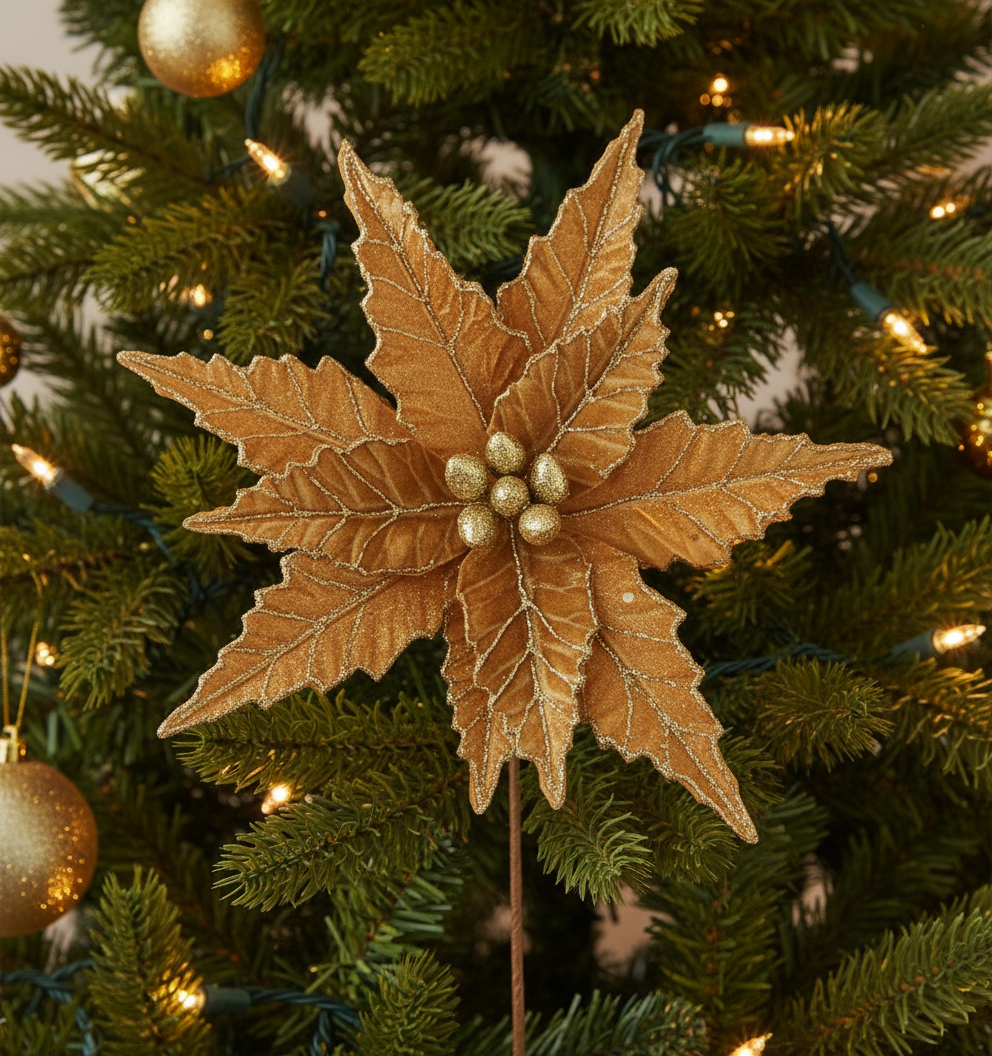 Gold Velvet Christmas Poinsettia with Glitter Stem 50cm