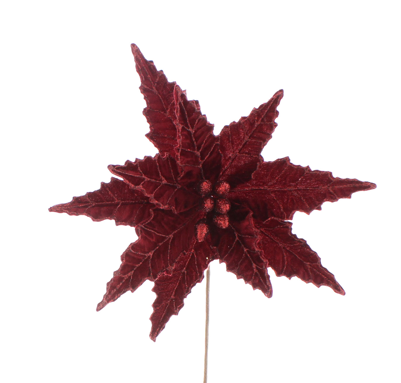 A burgundy velvet artificial poinsettia with glitter stem, 50cm in length.